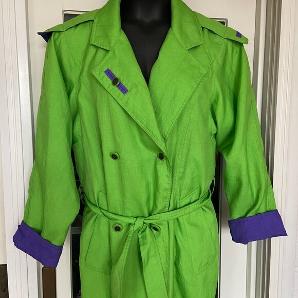 Vintage Green and purple Gallery trench coat with sash. Size 12.Good condition. - Picture 2 of 11